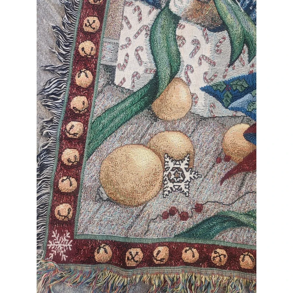 Vintage Tapestry Throw Blanket Cats And Christmas Tree Jingle Bells Cottagecore